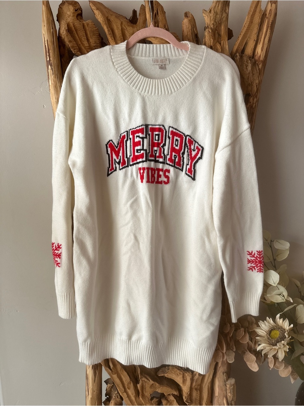 J for Justify Cream Sweater Dress with Red “MERRY VIBES” Knit